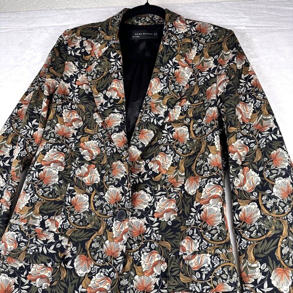 ZARA Woman Floral Tapestry Blazer Jacket Longline Single Button Size SX - Picture 5 of 9
